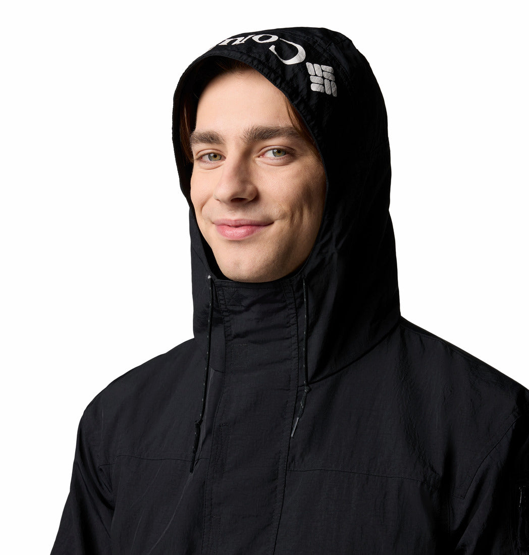 Columbia Mens Challenger Windbreaker Anorak in black, hood - up detail view with logo on hood.