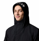 Columbia Mens Challenger Windbreaker Anorak in black, hood - up detail view with logo on hood.
