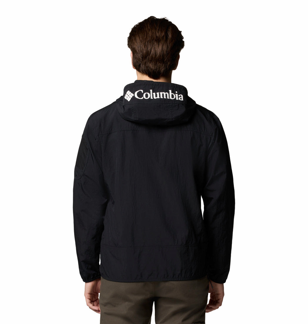 Columbia Mens Challenger Windbreaker Anorak in black, back view showing hood logo detail.