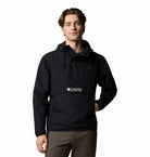 Columbia Mens Challenger Windbreaker Anorak in black, front model view with hood down and logo chest pocket.