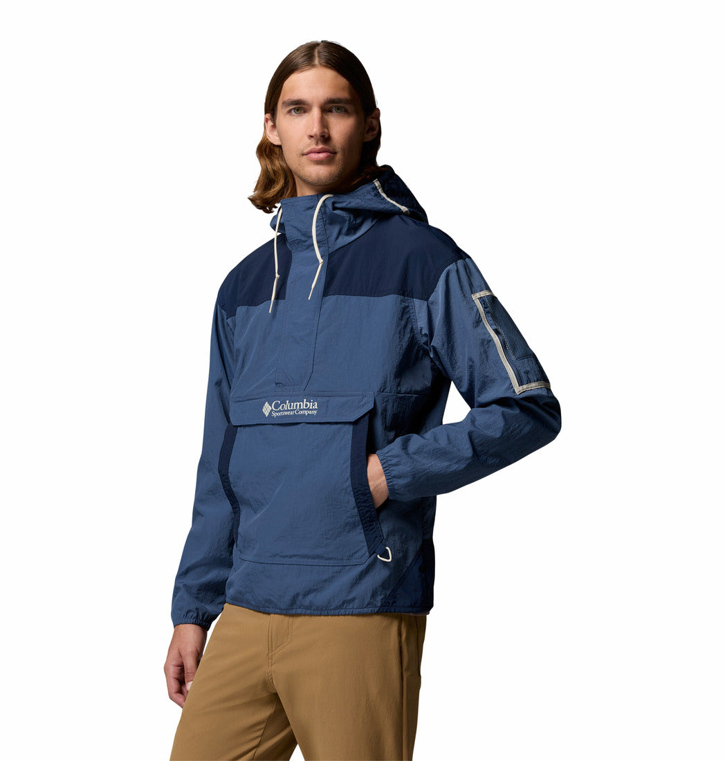 Columbia Mens Challenger Windbreaker Anorak in Dark Mountain, front model view with sleeve pocket visible