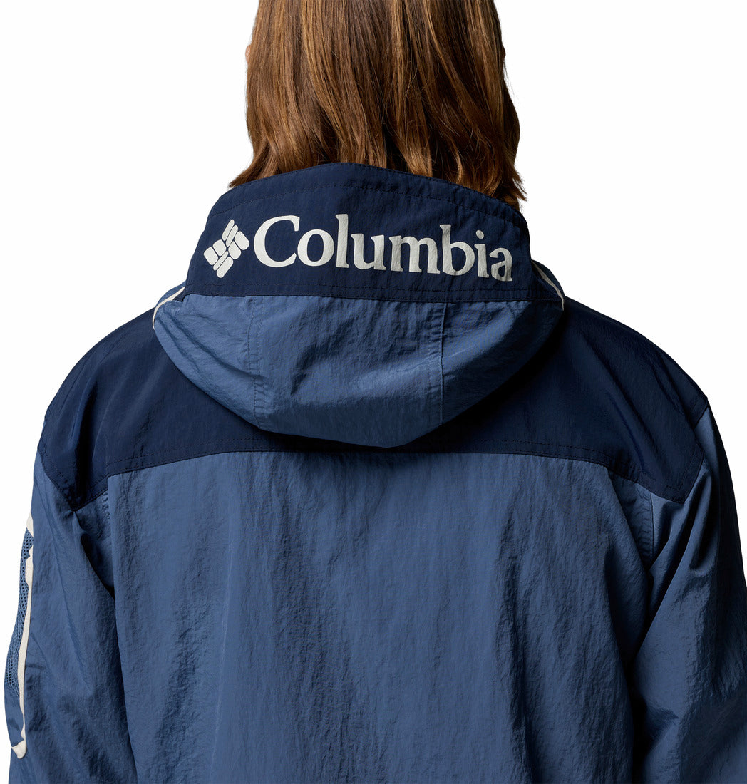 Columbia Mens Challenger Windbreaker Anorak in Dark Mountain, back hood logo detail