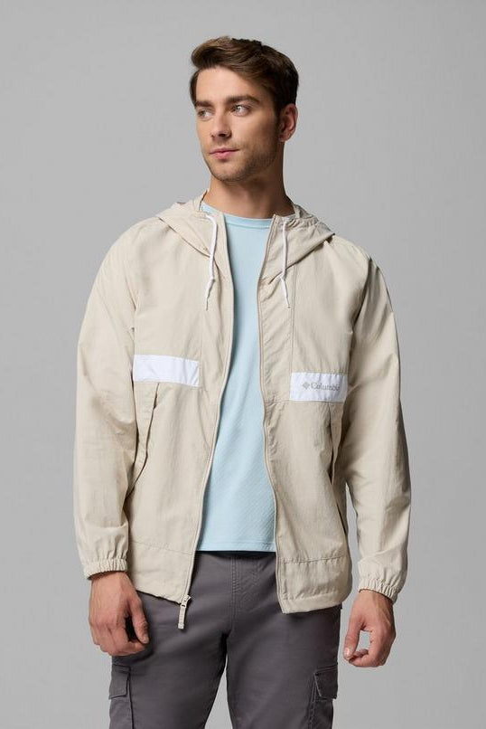 Mens Spire Valley™ Hooded Windbreaker-Dark Stone White-Zip open view