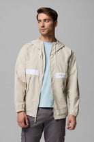 Mens Spire Valley™ Hooded Windbreaker-Dark Stone White-Zip open view