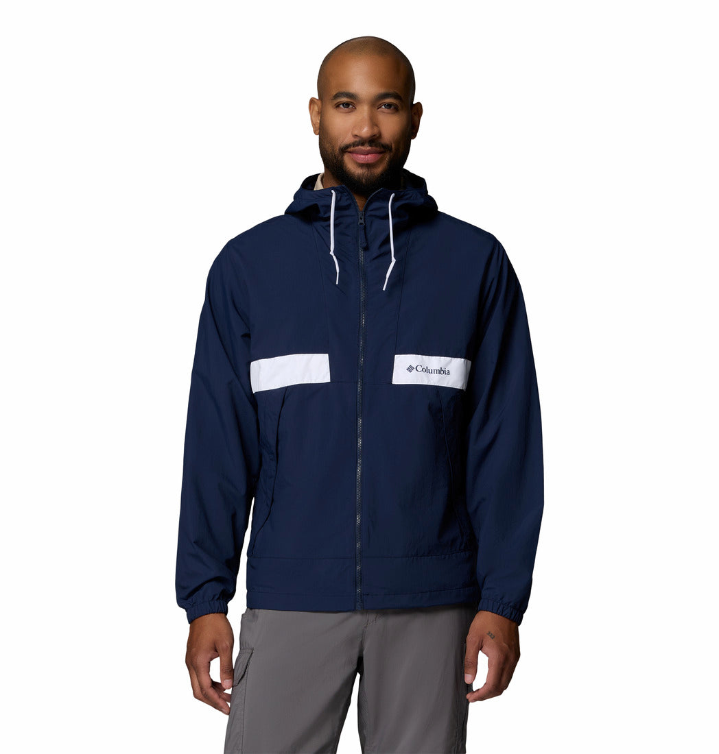 Columbia Mens Spire Valley hooded windbreaker in Collegiate Navy, front model view