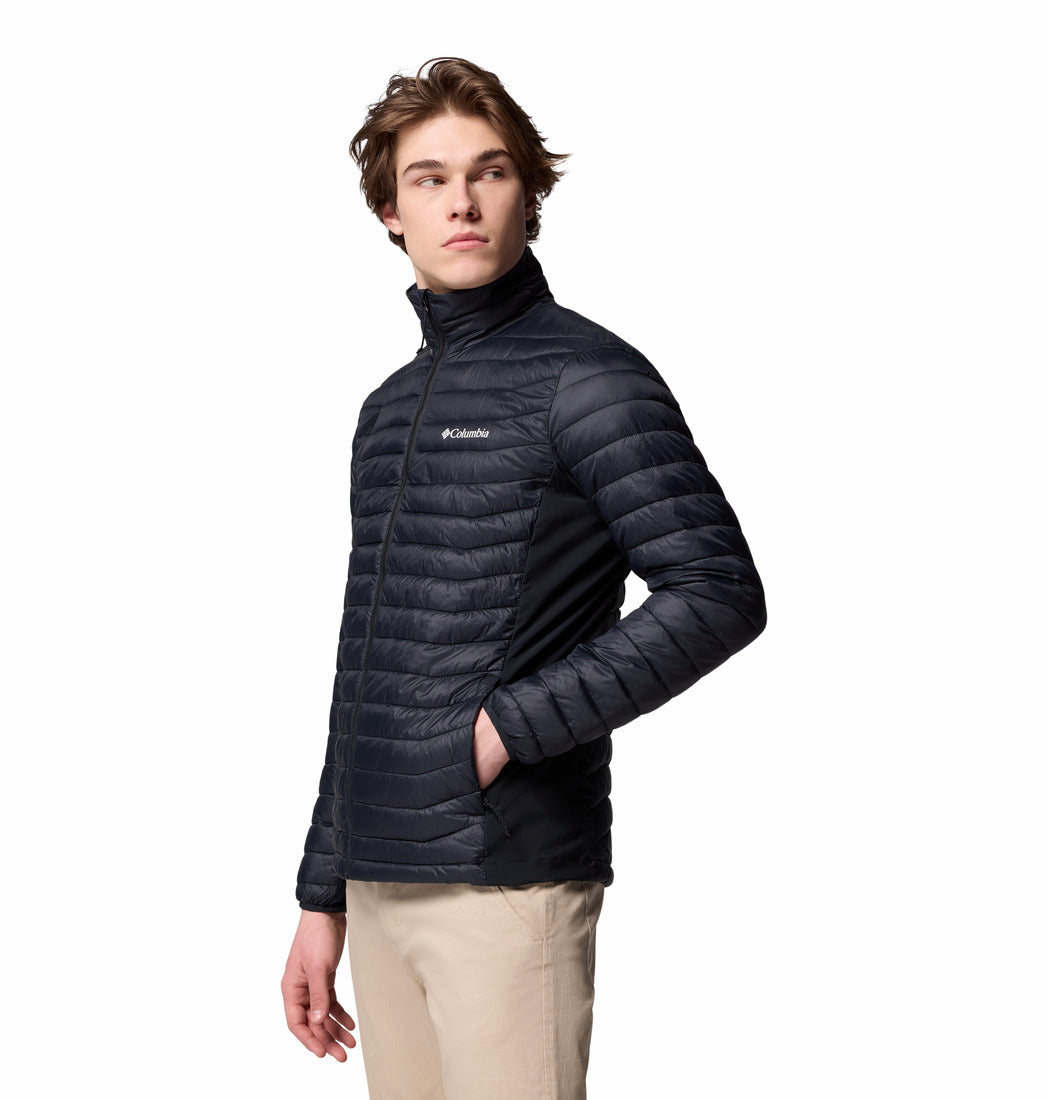 Columbia Mens Powder Pass Hybrid Jacket in black, worn by model in side front view