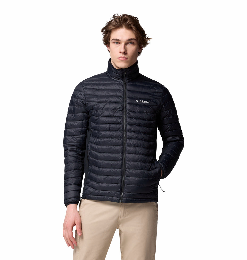 Columbia Mens Powder Pass Hybrid Jacket in black, worn by model in front view