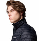 Columbia Mens Powder Pass Hybrid Jacket in black, collar and logo detail view