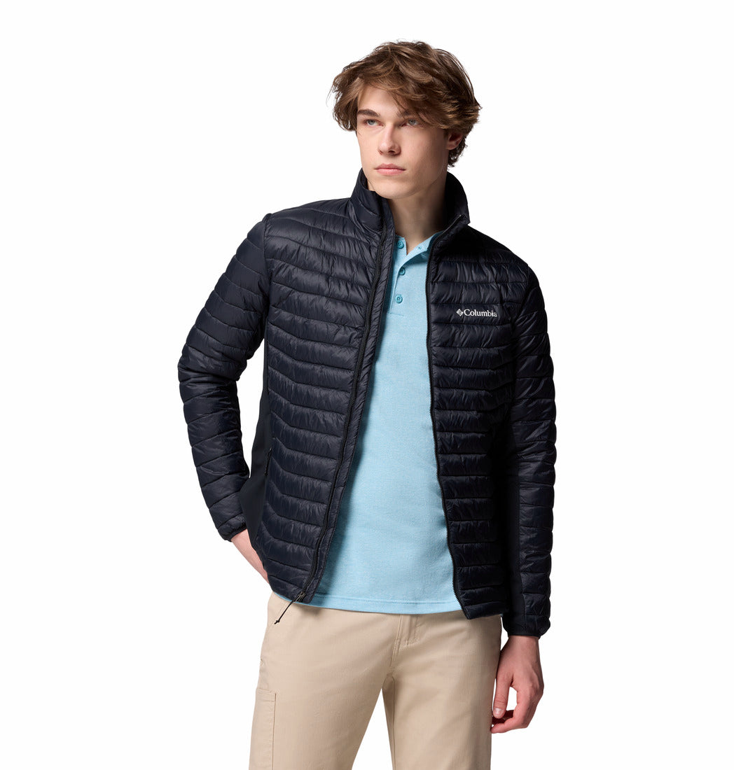 Columbia Mens Powder Pass Hybrid Jacket in black, worn by model in angled front view