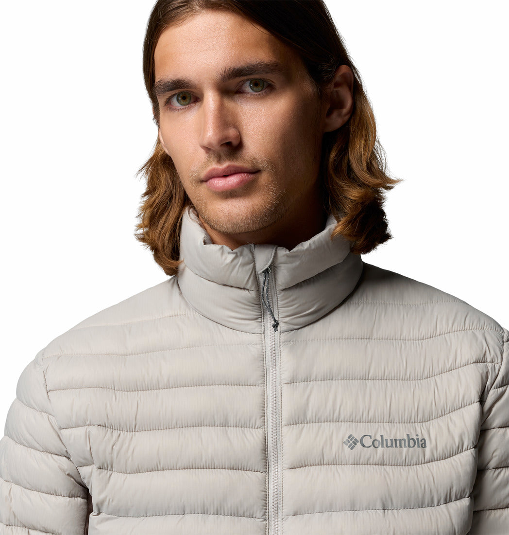 Columbia Mens Powder Pass Hybrid Jacket in Flint Grey Iron, chest logo and collar detail