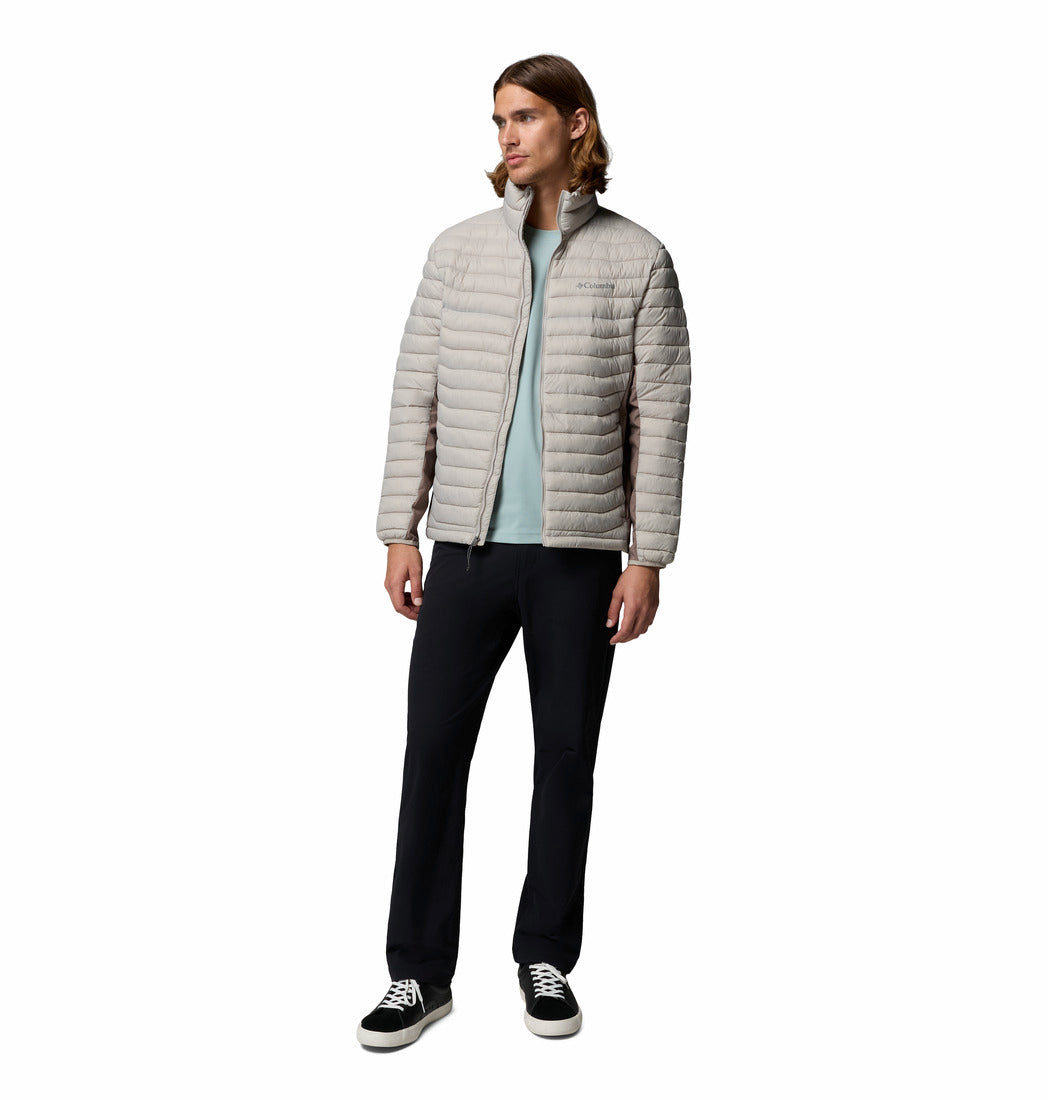Columbia Mens Powder Pass Hybrid Jacket in Flint Grey Iron, full - length model view worn open