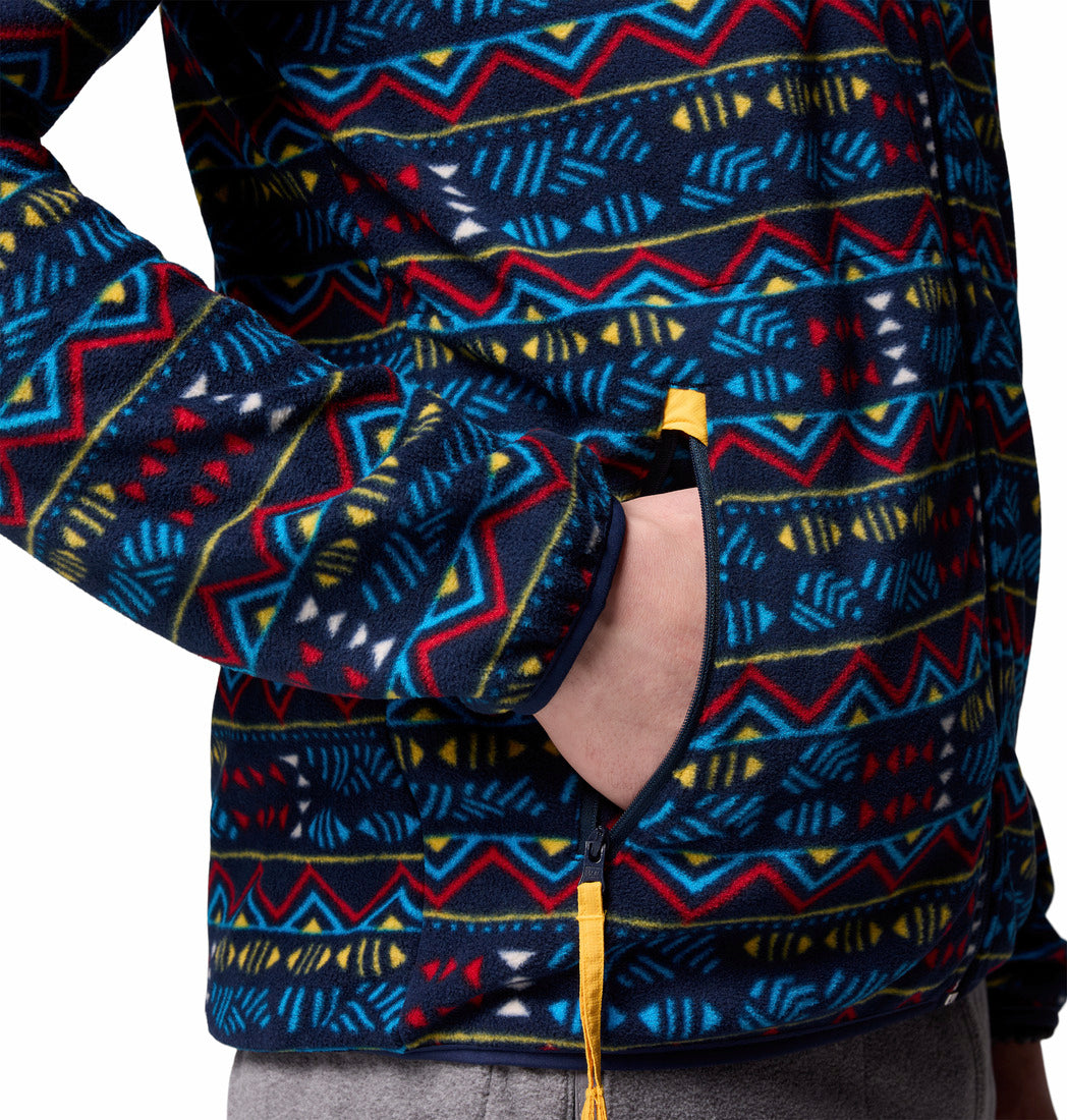 Colorful patterned jacket with a yellow zipper on a white background
