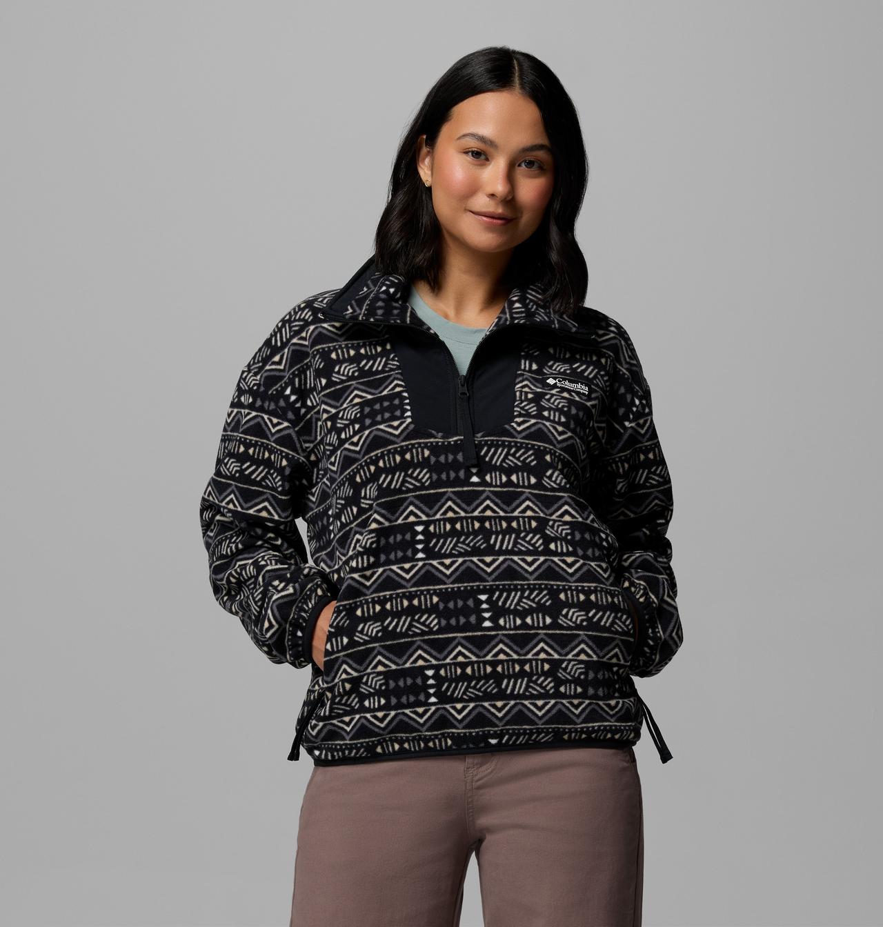 Womens Sequoia Grove™ Printed Half Zip-Black  Horizons-Model Front View