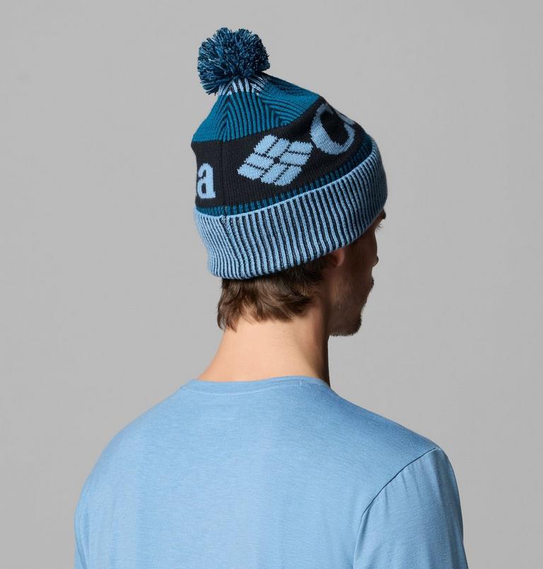 Columbia Unisex Polar Powder III Beanie - Rainy Day / Phoenix Blue / Black, back view on model