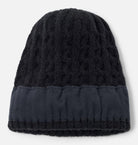 Black knit beanie with a textured pattern on a light gray background