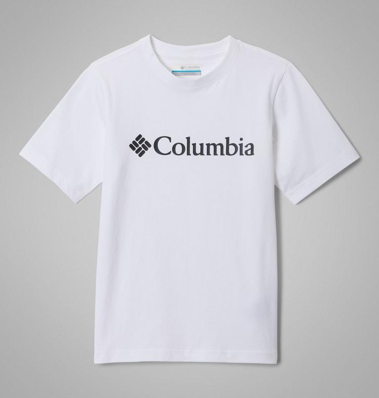 White t-shirt with Columbia logo on a gray background