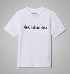 White t-shirt with Columbia logo on a gray background