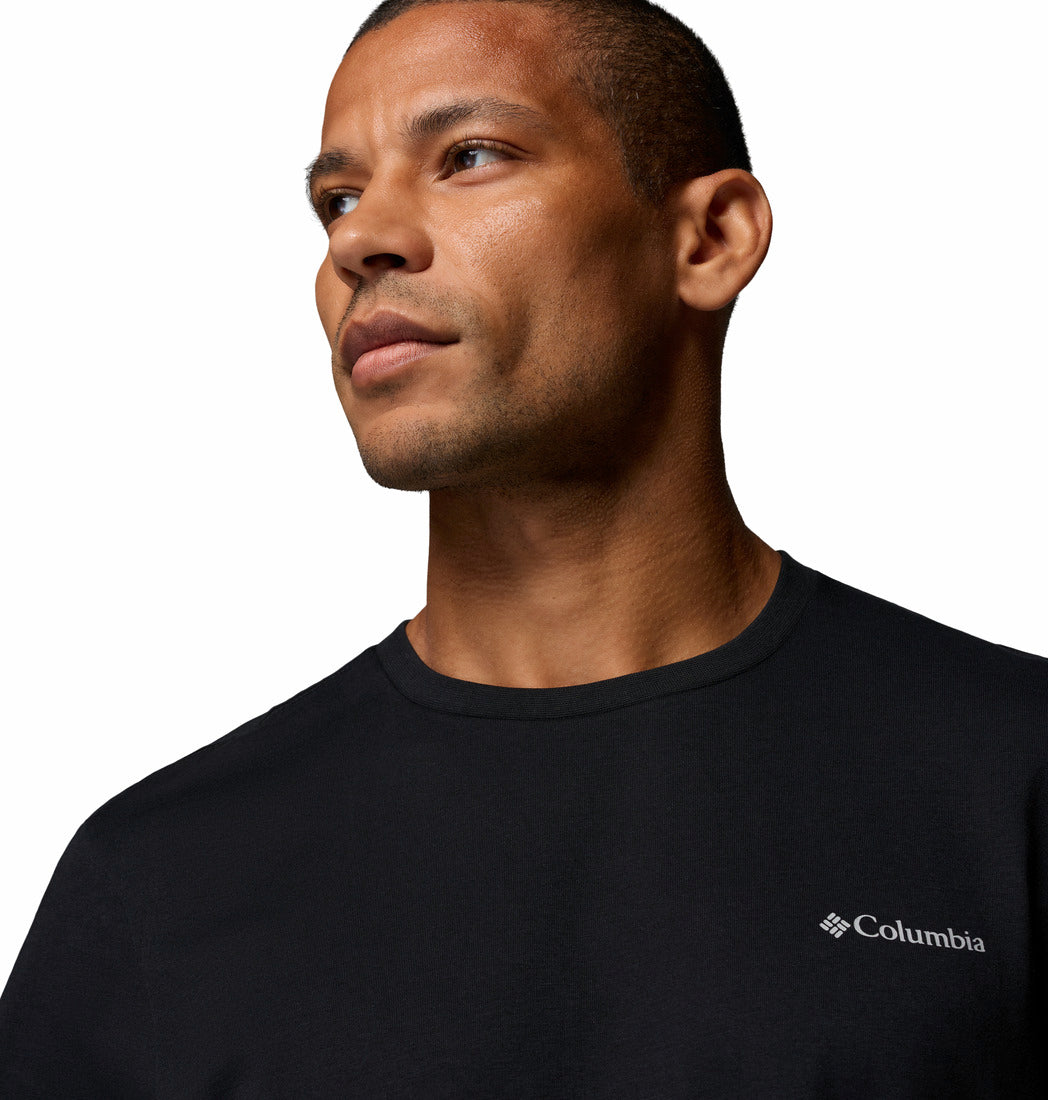 Columbia Mens Csc Basic Tee in black, detail view of crew neck and chest logo