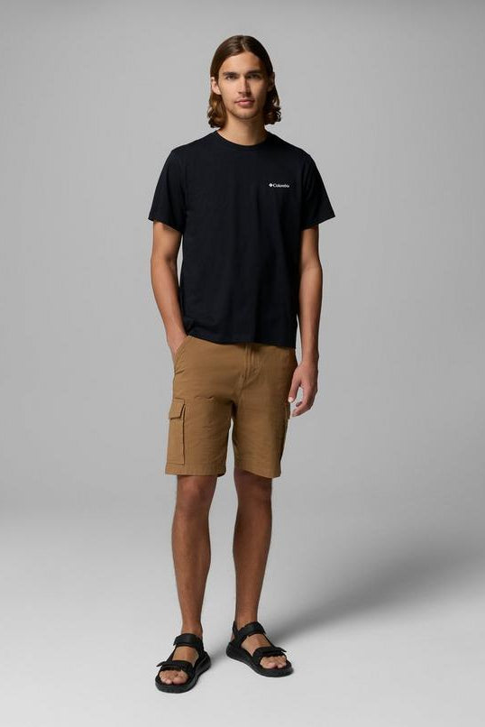 Man wearing a black t-shirt and brown cargo shorts on a gray background
