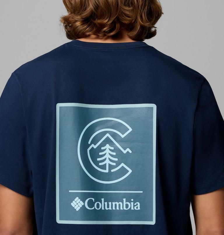 Navy blue t-shirt with Columbia logo on the back against a gray background