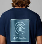 Navy blue t-shirt with Columbia logo on the back against a gray background