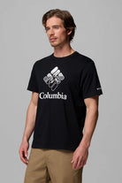 Man wearing a black Columbia t-shirt against a gray background