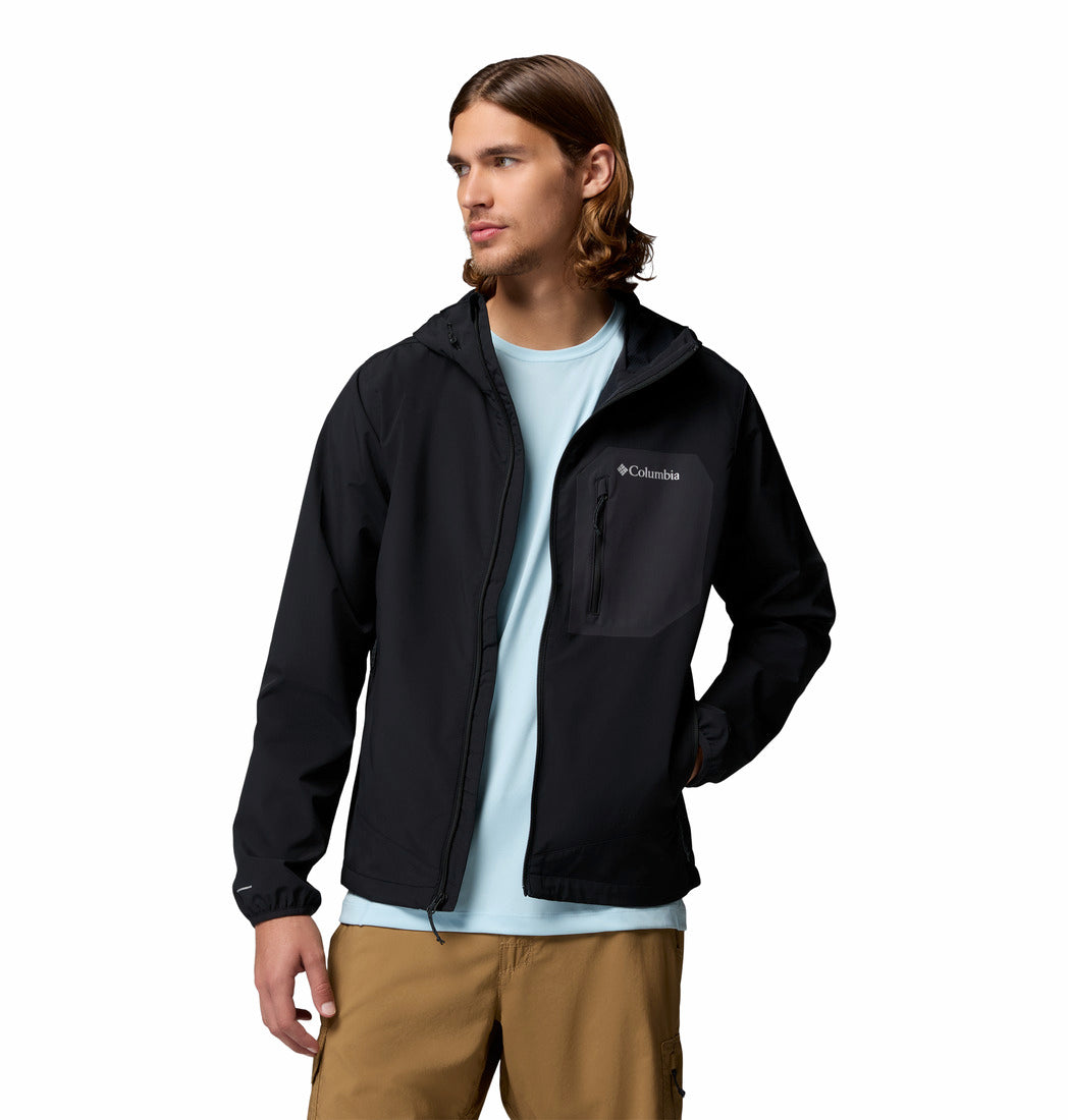 Columbia Mens Tall Heights III Hooded Softshell in black, front model view worn open