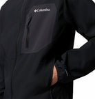 Columbia Mens Tall Heights III Hooded Softshell in black, chest pocket and cuff detail