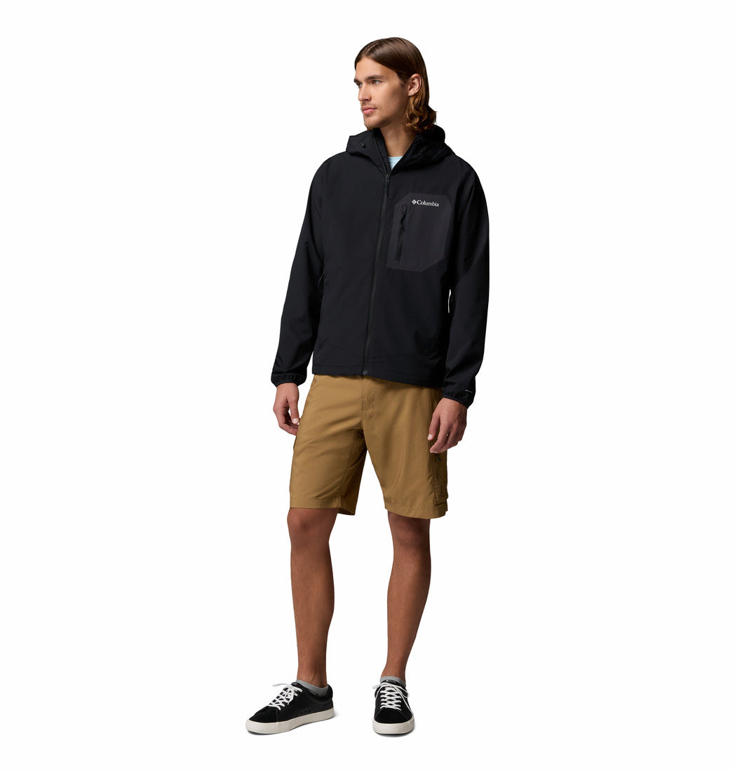 Columbia Mens Tall Heights III Hooded Softshell in black, full - length angled model view