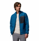 Columbia Mens Tall Heights III Hooded Softshell in Everblue Shark, angled model view worn open
