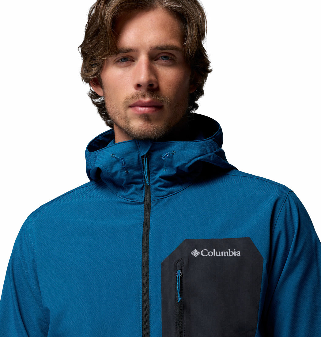 Columbia Mens Tall Heights III Hooded Softshell in Everblue Shark, upper front detail with chest pocket