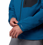 Columbia Mens Tall Heights III Hooded Softshell in Everblue Shark, cuff detail with reflective accent