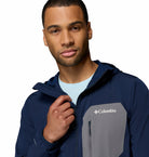 Columbia Mens Tall Heights III Hooded Softshell in Collegiate Navy, upper front detail with chest pocket