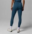 Person wearing teal leggings with a gray background