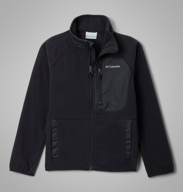 Boys black fleece jacket with Columbia logo on a gray background