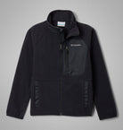 Boys black fleece jacket with Columbia logo on a gray background
