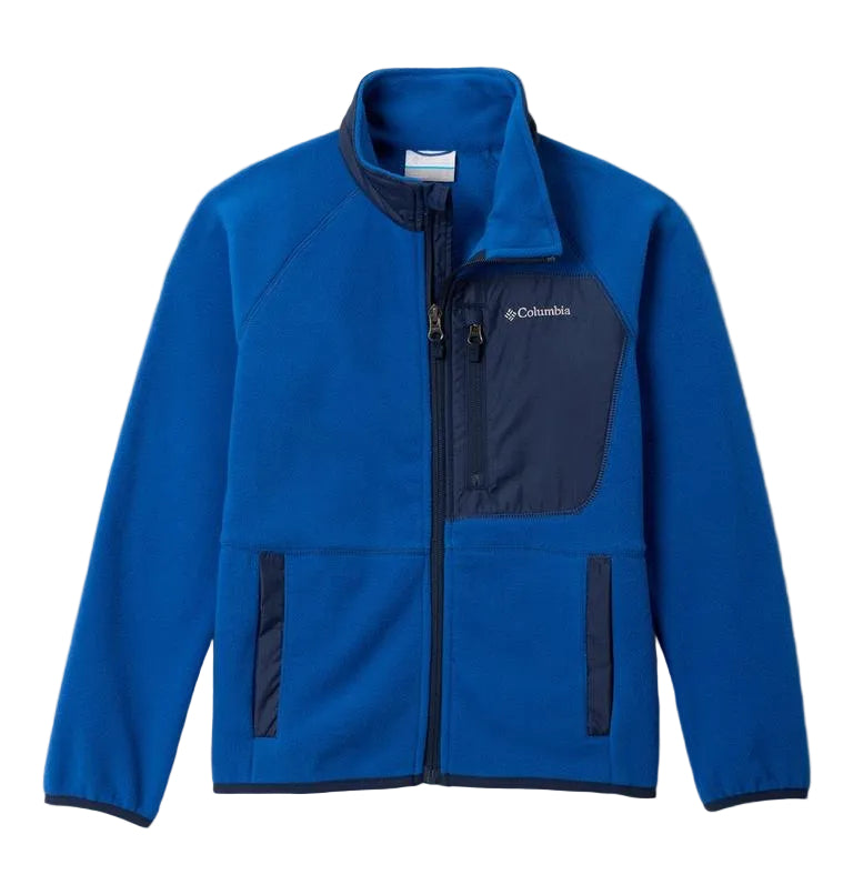 Blue boys youths fleece jacket with Columbia logo on a white background