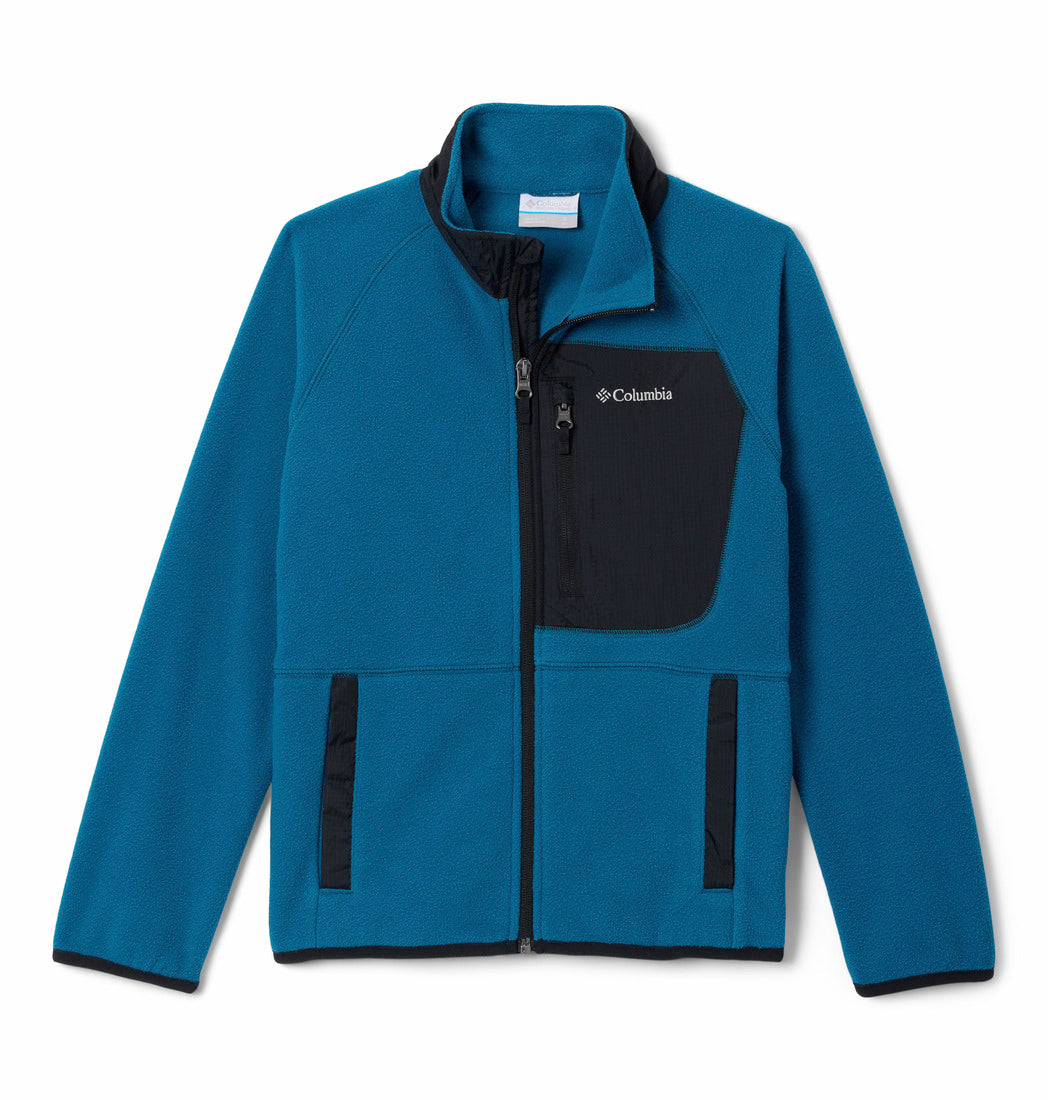 Columbia Boys Fast Trek Recycled Fleece Jacket - Phoenix Blue/Black, front view with black chest pocket