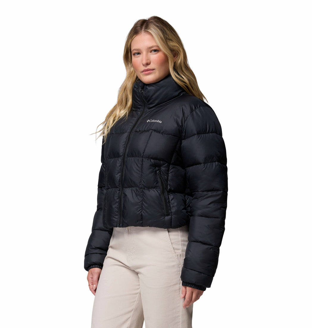 Columbia Womens Puffect III cropped jacket in black, angled front model view