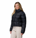 Columbia Womens Puffect III cropped jacket in black, angled front model view