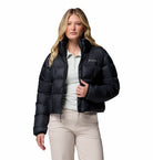 Columbia Womens Puffect III cropped jacket in black, open front model view