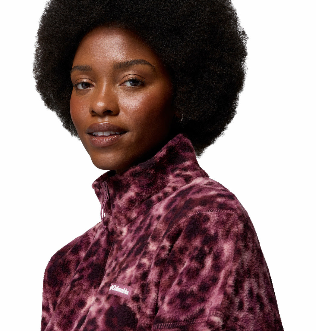 Columbia Timber Meadow printed fleece in Antique Mauve, collar and logo detail