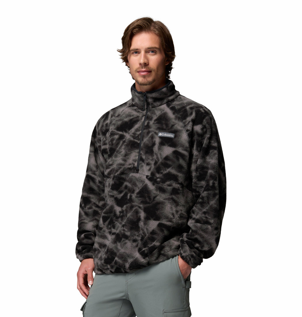 Columbia Timber Crest MTR fleece printed half-zip in Black Icypeaks, angled model view