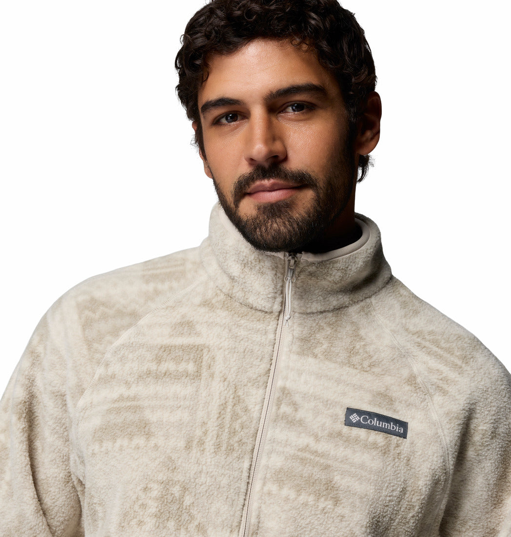 Columbia Timber Crest MTR fleece printed half zip in Dark Stone Geo, logo and collar detail