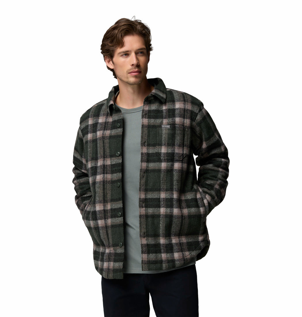 Columbia Mens Hunter Arch shirt jacket in Greenscape Trac plaid, open front model view