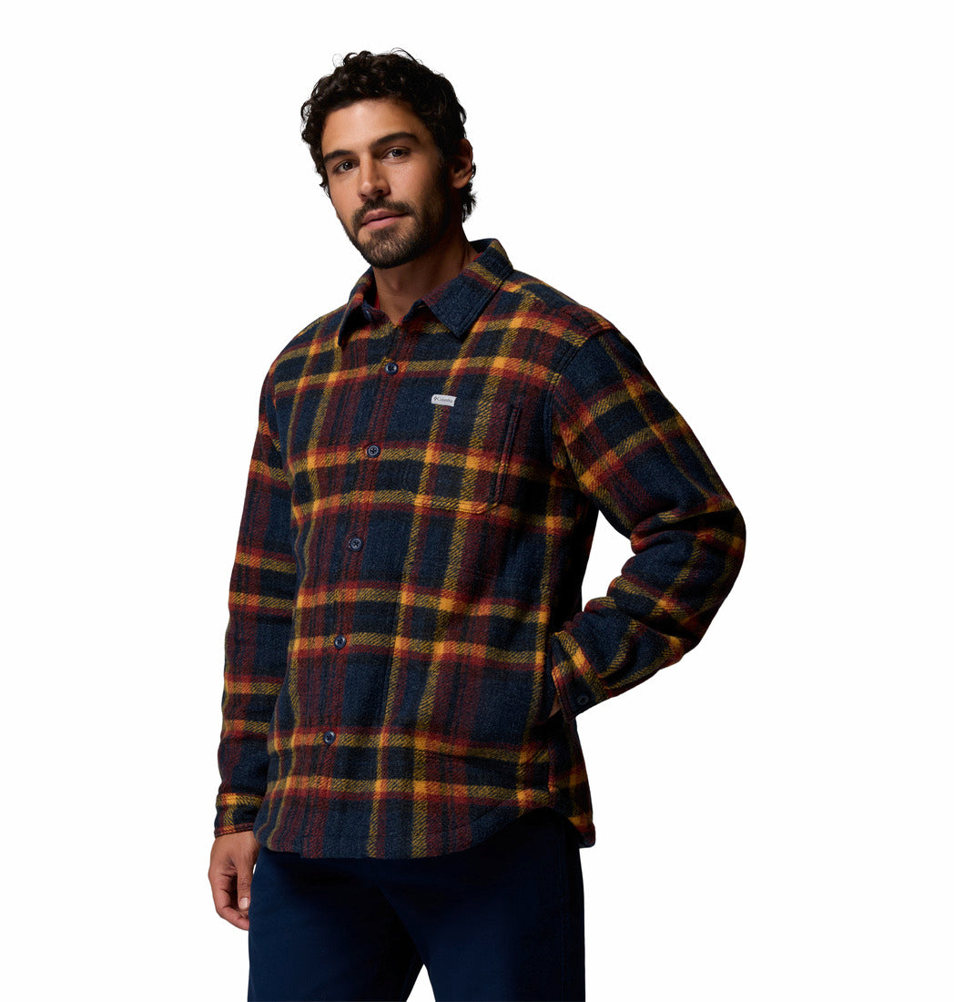 Columbia Mens Hunter Arch shirt jacket in Collegiate Navy plaid, angled model view