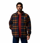 Columbia Mens Hunter Arch shirt jacket in Collegiate Navy plaid, open front model view