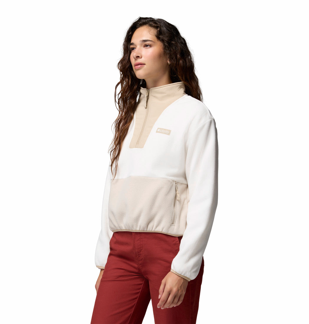 Columbia Sequoia Grove II half zip fleece in Sea Salt Ancie, angled model view.