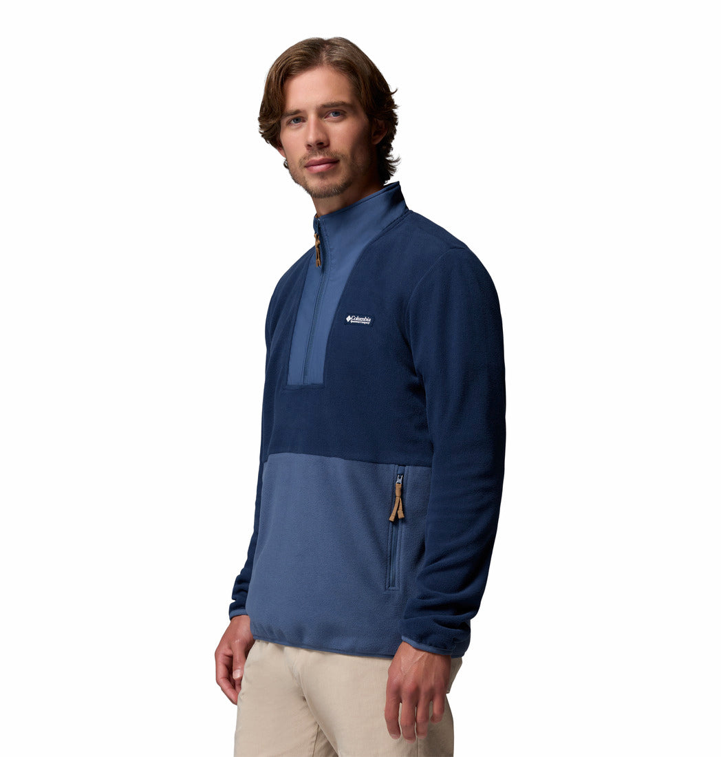 Angled view of Columbia Sequoia Grove II Half-Zip Fleece in Collegiate Navy on model