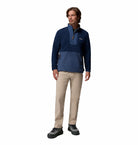 Full length view of Columbia Sequoia Grove II Half-Zip Fleece in Collegiate Navy on model